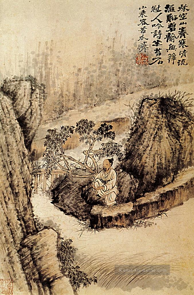 Shitao kauerte am Rande des Wassers 1690 Kunst Chinesische Ölgemälde